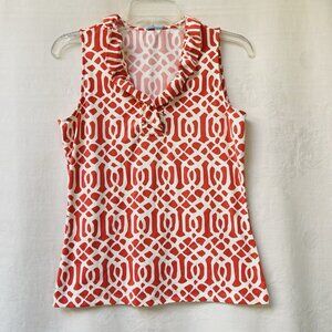 J McLaughlin Blouse Med Durham Ruffled V Neck Tank Coral Lattice Catalina Cloth